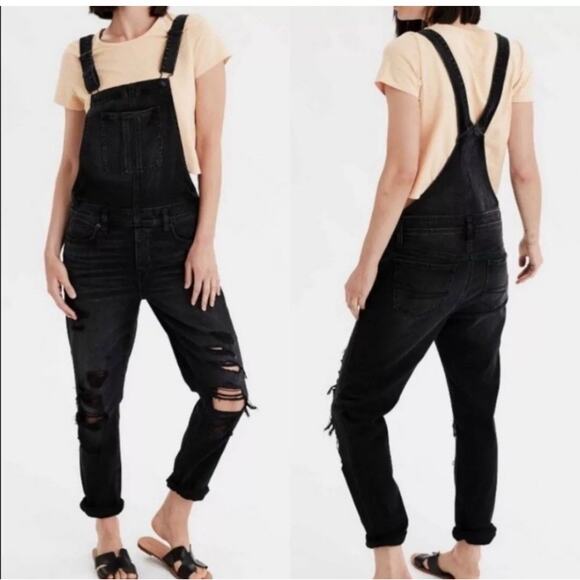 American Eagle Preppy Distressed Tomgirl Jegging Overall Faded Black Denim Size… - Picture 1 of 12